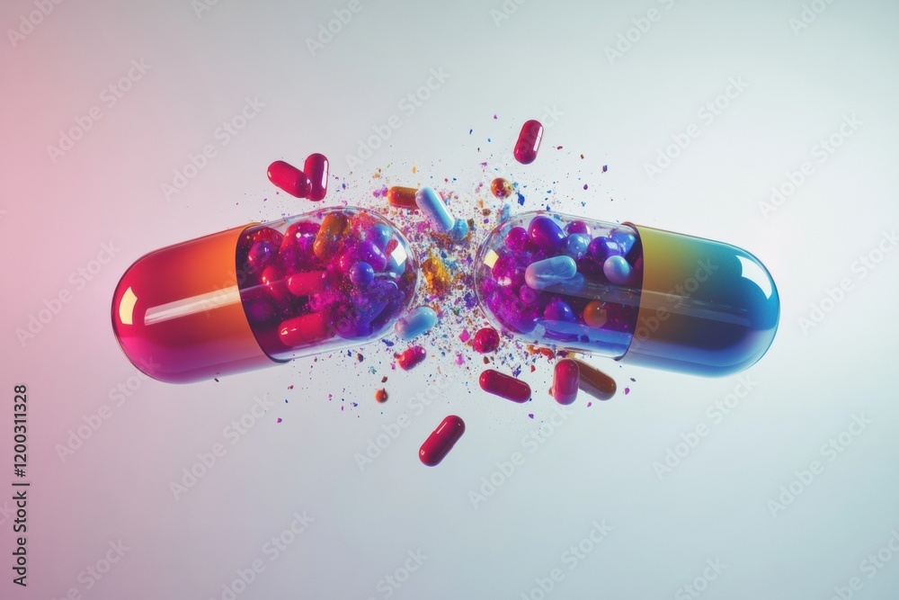 Fototapete colorful particles spill from split capsule in stunning display of vibrant science. generative ai