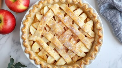 Freshly baked apple pie viewed above with golden crust details and a cinnamonsugar sprinkle