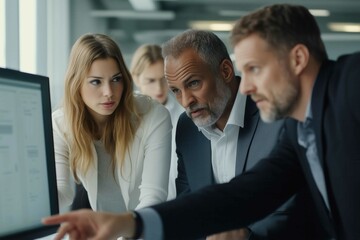 Business people looking and pointing at computer monitor