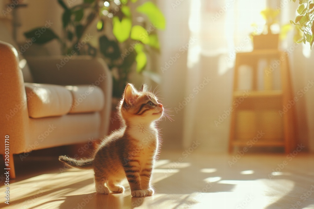 Poster kitten enjoys a playful moment in a bright living room filled with sunlight and greenery. generative
