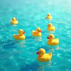 Several yellow rubber ducks bobbing gently on the surface of clear, turquoise water