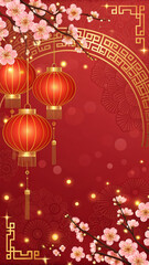 A Vibrant Red And Gold Background With Glowing Lanterns, Chinese Patterns, And Plum Blossoms, Featuring Bokeh Effect And Golden Sparkles, Perfect For Festive Chinese New Year Celebrations.