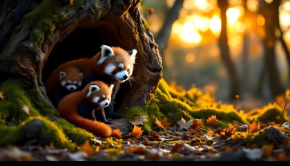 A forest scene with three red pandas on a mossy tree branch, surrounded by bamboo, bathed in golden sunlight.