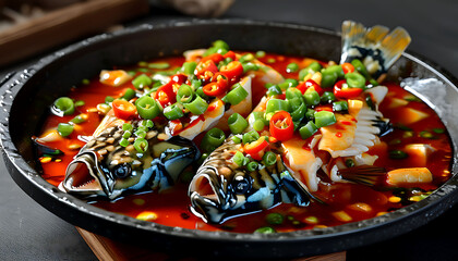 Close-Up of Delicious Spicy Steamed Fish With Green Onion and Chili Garnish
