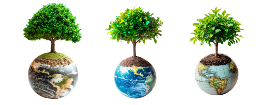 Set of tree growing on globe save the planet campaign