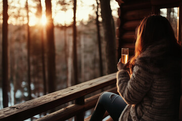 Wooden Cabin in Winter Forest with Northern Lights