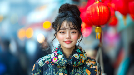Fototapeta premium A young woman in a casual jacket stands confidently amidst a bustling market adorned with vibrant lanterns, radiating joy and warmth in her expression