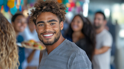 Obraz premium Latino friends enjoy sharing delicious tacos together at a lively gathering filled with laughter and colorful decorations on a warm day
