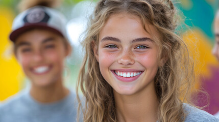 Fototapeta premium A group of Scandinavian young people enjoys a cheerful moment together outdoors, with vibrant colors in the background and laughter shared on a sunny afternoon