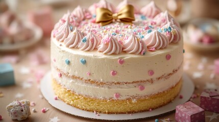 Delicious cake decorated with pink and blue for gender reveal party