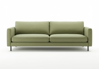 Fototapeta premium A modern minimalist sofa in light olive green with clean lines, plush cushions and black legs isolated on white background