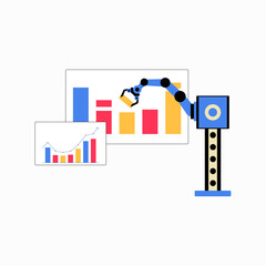 Robotic Arm Analyzing Business Charts In Flat Vector Illustration Symbolizing Data Automation, Efficiency, And Technological Progress, Isolated On White Background
