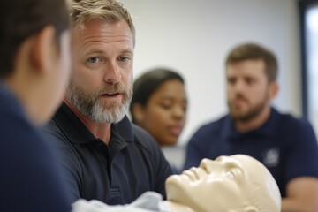 A focused instructor explains CPR techniques to students while demonstrating on a mannequin, showcasing the importance of life-saving skills and teamwork in emergency readiness.