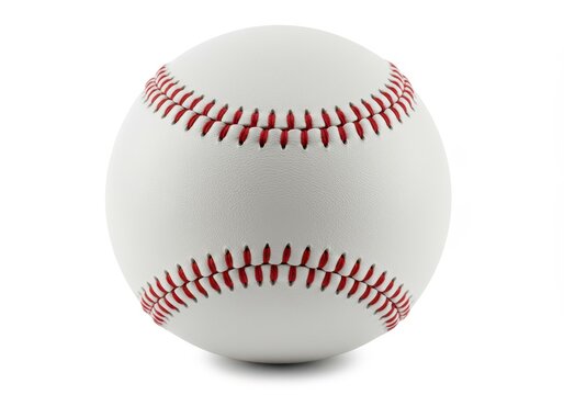 A standard white baseball with red stitching, displaying its smooth surface and symmetrical pattern isolated on white background