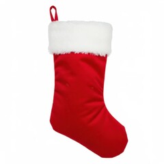 A classic red Christmas stocking with soft white faux fur trim at the top isolated on white background