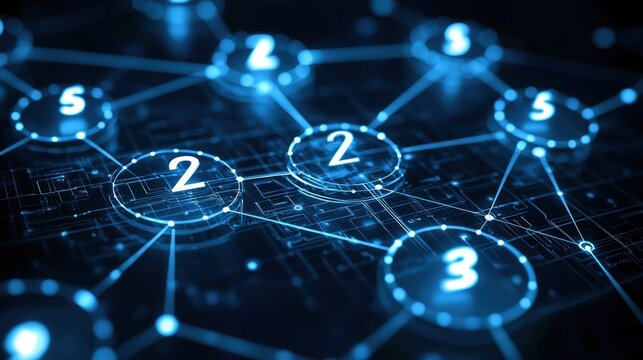 A network of interconnected nodes displays numbers. This visualization suggests data flow, communication, or a complex system where elements interact. Ideal for technology, networking, or data science