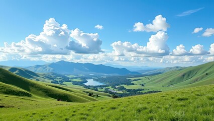 Obraz premium Lush, verdant hillside overlooks a serene expanse of still water, framed by gentle slopes and inviting nature's tranquility under an expansive sky