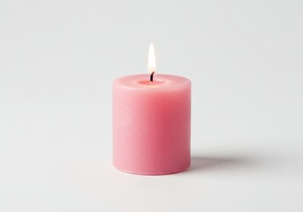 A small pink wax candle lit with a soft glowing flame isolated on white background