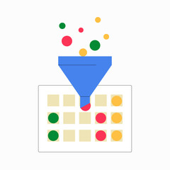 Data Funnel With Colored Dots In Flat Vector Illustration Symbolizing Data Filtering, Organization, And Analysis, Isolated On White Background
