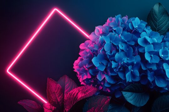 Vibrant hydrangea with neon lights creating a striking visual effect in a dark setting - Powered by Adobe