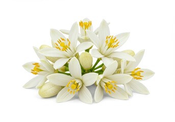 Naklejka premium A cluster of delicate white orange blossom flowers with green stems and yellow centers isolated on white background