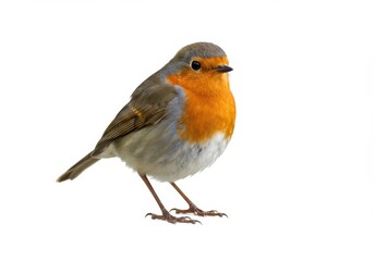 Fototapeta premium A European robin bird with a bright orange chest, soft gray feathers, and tiny perched feet isolated on white background