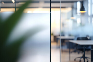 Office interior with a blurred view through glass walls and a plant in focus