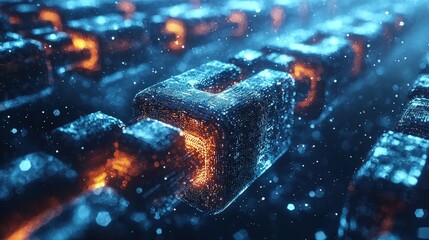 Abstract digital blockchain network glowing with blue and orange lights. Ideal for visualizing blockchain technology, cryptocurrency, and data security in presentations and websites.
