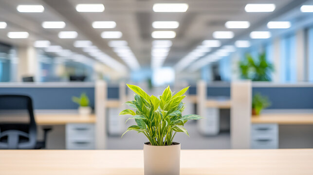 Office cubicles with green plants on a desk and bright lights in a modern workspace