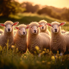 Group of Sheep in a Golden Sunrise Meadow