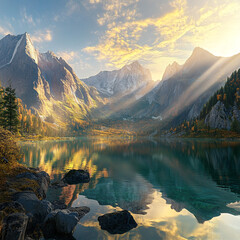 Serene Mountain Lake at Sunset with Majestic Peaks