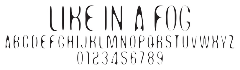 A set of simple rounded distorted font with letters of different thicknesses with the words like in a fog. A set of letters and numbers of the Latin alphabet