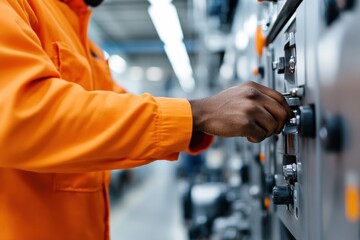 A dedicated worker adjusts the control panel in a factory environment, showcasing the essential role of precision and oversight in the functioning of modern machinery and industrial processes.