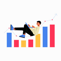 Man Sitting On Bar Graph With Laptop In Flat Vector Illustration Symbolizing Analytics, Work Efficiency, And Business Growth, Isolated On White Background