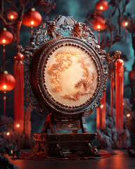 Fototapeta premium Majestic depiction of a 3d sculpture of a traditional chinese drum surrounded by glowing lanterns and red tassels, with intricate carvings on the surface.