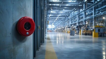 A red alarm is mounted on a wall in a large industrial building. The alarm is red and has a speaker on top. The building is very large and has a lot of space