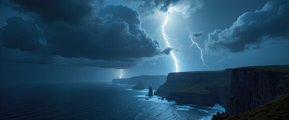 Fototapeta premium Dramatic lightning over ocean cliffs at night