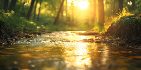 Blurred Forest Creek with Sunlight Reflecting on the Water