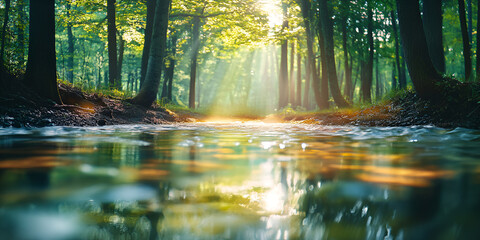 Blurred Forest Creek with Sunlight Reflecting on the Water