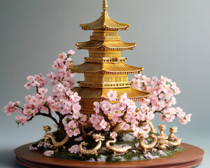 Obraz premium Cultural depiction of this is a 3d ceramic sculpture of a golden pagoda surrounded by cherry blossoms, with tiny dragon figurines guarding the base.