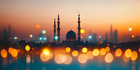 Blurred Lights Framing a Silhouette of a Mosque