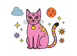 Whimsical Pink Cosmic Cat Illustration with Stars and Planets