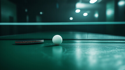 A dramatic perspective of a green table tennis table, showcasing paddles with textured rubber grips and a white ball poised at the edge, ready for the next serve
