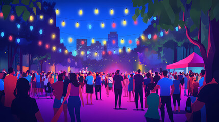 Crowd enjoying a vibrant outdoor concert with colorful lights. Vibrant Festival Crowd. Illustration