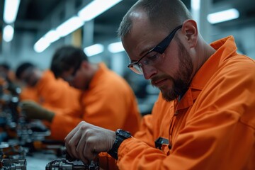 Fototapeta premium A focused worker in an orange uniform meticulously assembles equipment, emphasizing dedication and attention to detail in a collaborative workspace.