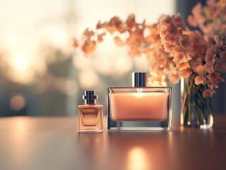 Elegante Parf&uuml;mflaschen mit bl&uuml;henden Blumen im sanften Licht

