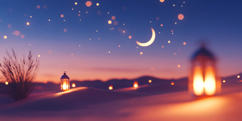 Blurry Desert Lanterns Glowing Under a Crescent Moon
