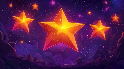 A vibrant night sky filled with three shining orange stars above a colorful landscape.