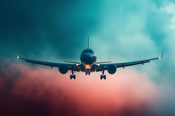 Flying airplane isolated on color background