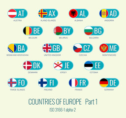 Obraz premium Set of vector illustrations of of ISO 3166 1 alpha 2 and flags of the European Union countries. Part 1. 